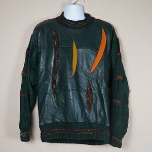 Vintage Saxony Mens 80s 3D knit Leather bomber Coogie Style Sweater Large Cosby